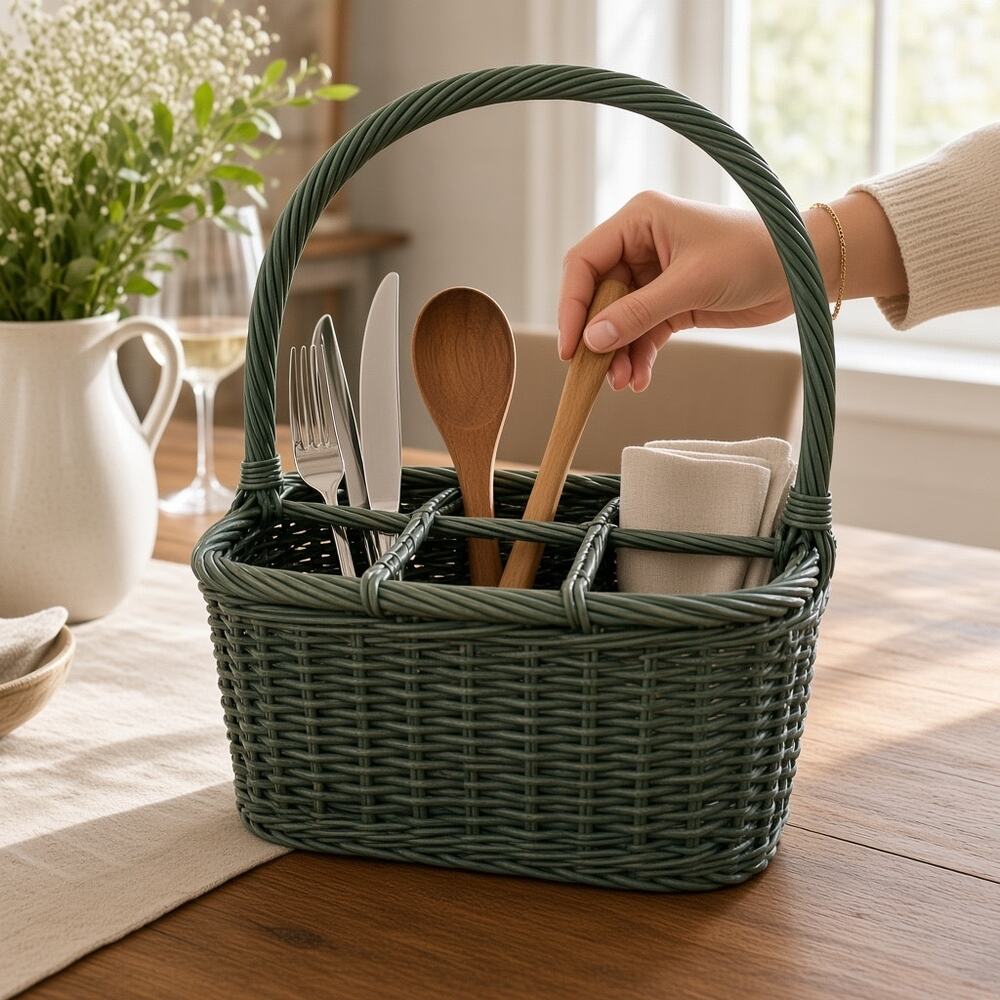 Vintage Style Woven Green Wicker Utensil Caddy Flatware Cutlery Basket Handle